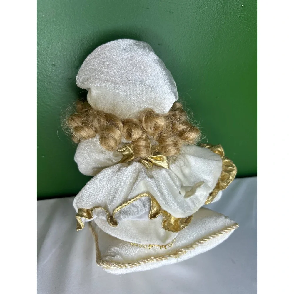 Vintage Musical Porcelain Doll on Pillow White Gold Velvet Dress Wind Up Blonde